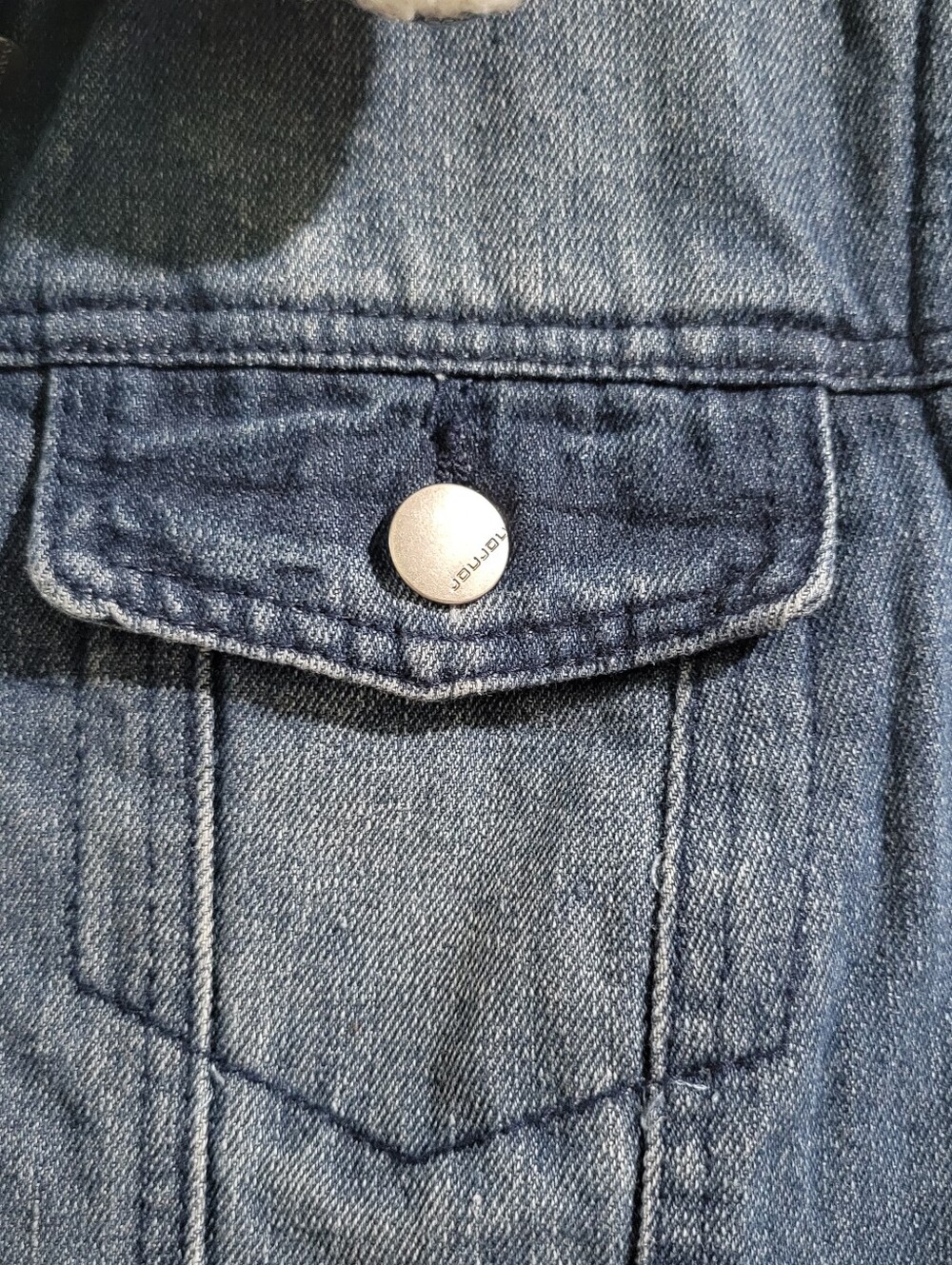 Joujou Premium Outerwear Blue Denim Faux Fur Lined Jacket Size L Retro Pockets - Picture 10 of 15